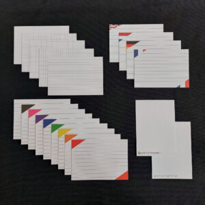 Dit zijn alle gewone flashcards op Goedkope Flashcards webshop. A7, blanco, gelinieerd, geruit, gekleurd en met vlaggen.